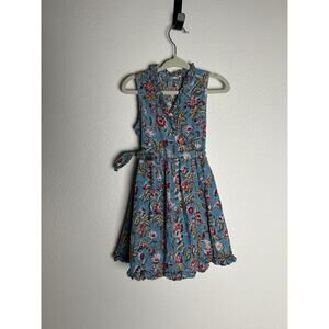 Anokhi Koki Girls Blue Sleeveless Boho Floral Wrap Dress Size 2-3 Years